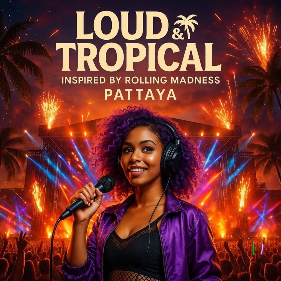 Loud & Tropical – Inspired by Rolling Loud Festival-Visual mit einer Sängerin vor tropischer Bühne, Feuerwerk und Palmen.