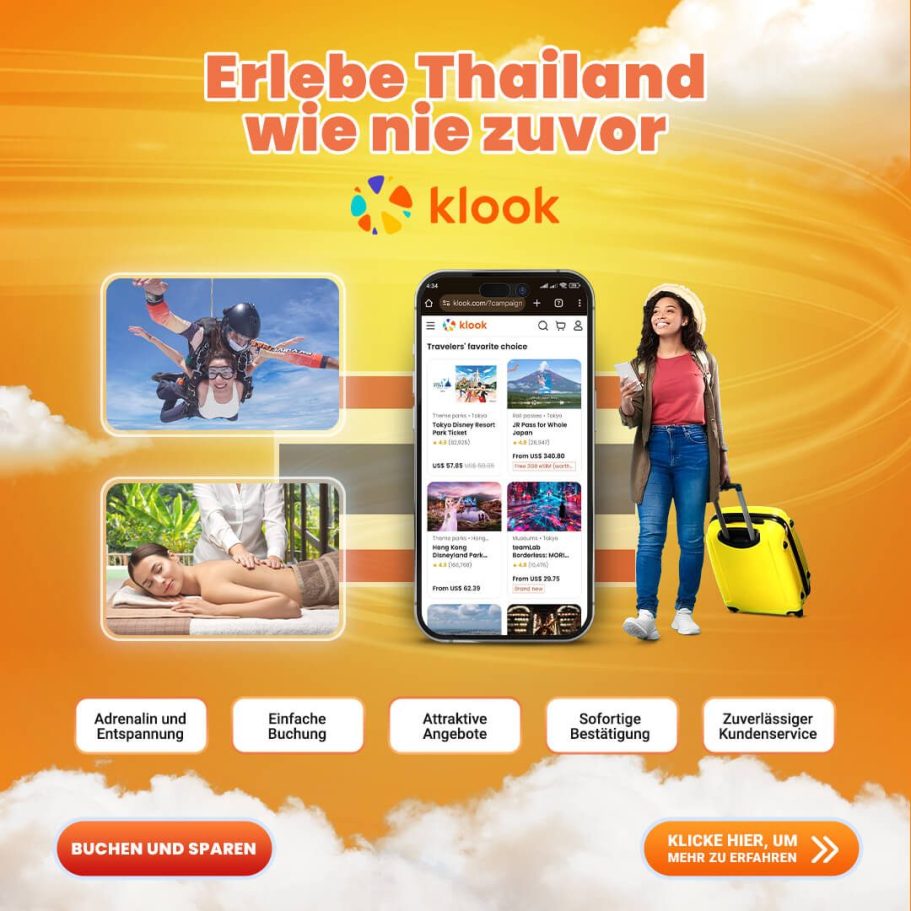Klook Thailand Werbebanner mit Aktivitäten, App-Ansicht und Vorteilen für Pattaya-Reisende.