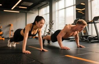 Mann und Frau beim Liegestütz-Training in einem modernen Fitnessstudio in Pattaya