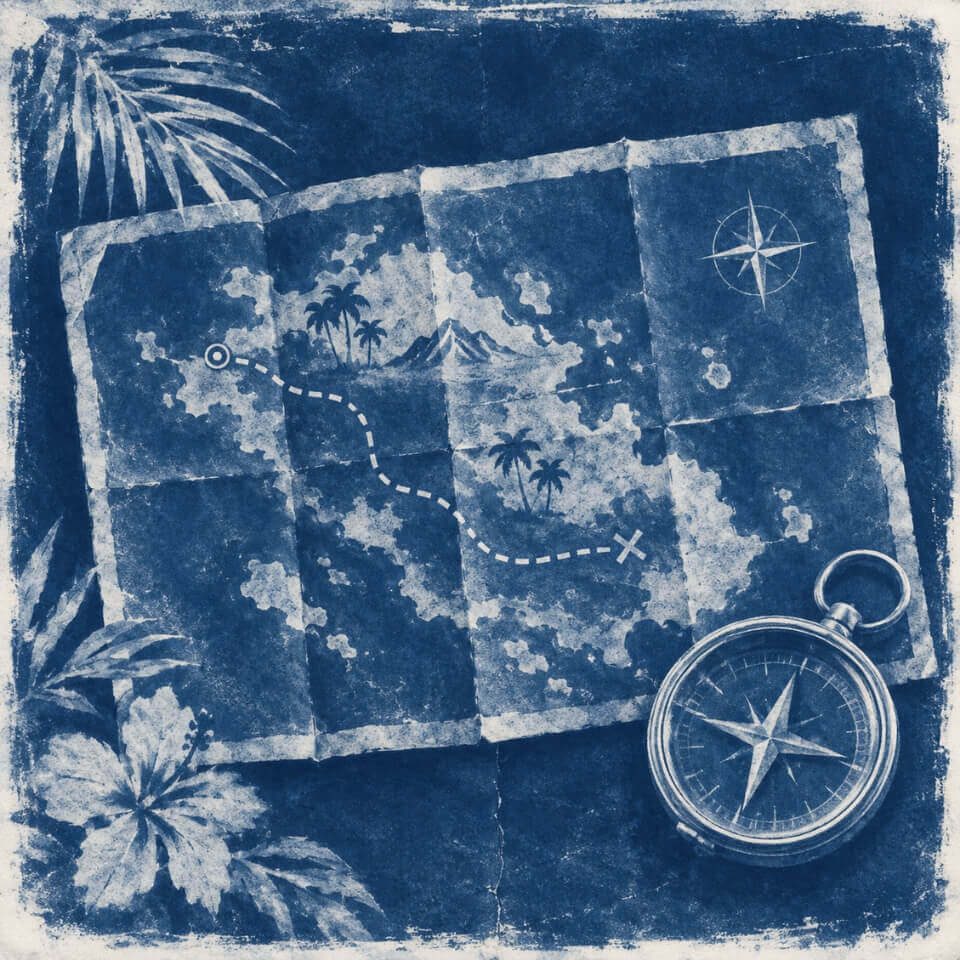 Route nach Pattaya planen Cyanotype mit gefalteter Reisekarte, eingezeichneter Route und Kompass