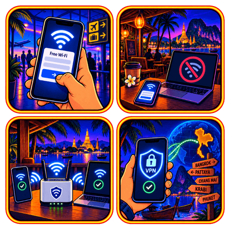 Sicheres WLAN und VPN auf Reisen in Thailand Grafische Illustration mit öffentlichem WLAN am Smartphone, Laptop ohne WLAN, Reise-Router mit mehreren Geräten sowie VPN-Verbindung