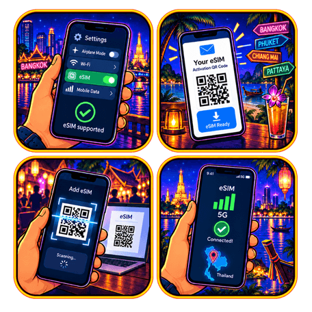 eSIM in Thailand einrichten und aktivieren Grafische Illustration mit Smartphone zur eSIM-Einrichtung in Thailand, QR-Code, Aktivierung und 5G-Verbindung