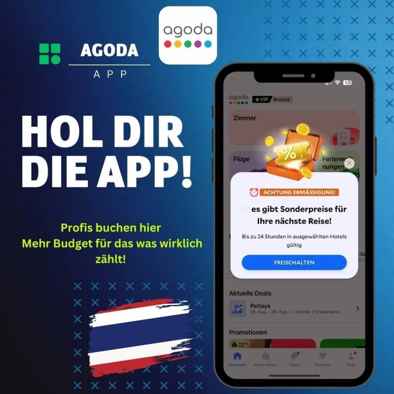 Agoda App Werbegrafik mit Text Hol dir die App und Vorschau von Sonderpreisen und Deals für Hotels in Pattaya auf dem Smartphone