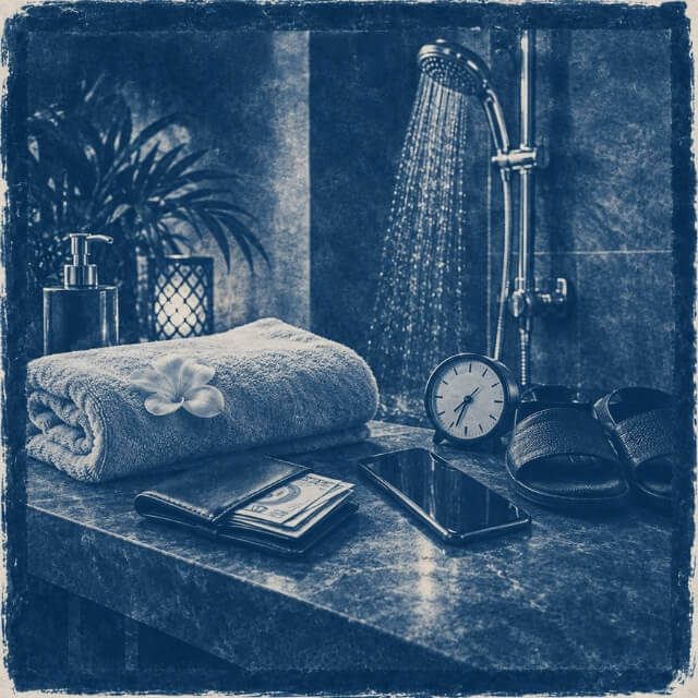 Cyanotype mit Dusche, Handtüchern, Geldbörse und Smartphone