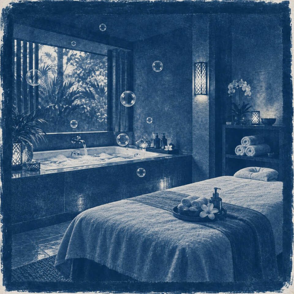 Cyanotype mit Massageliege, Badewanne und Seifenblasen in privatem Spa-Raum
