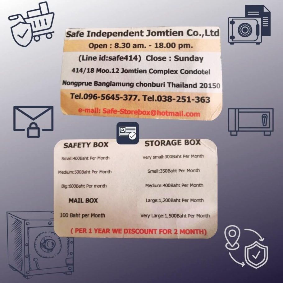 Safe Independent Jomtien Co., Ltd. – Sicherheits- und Aufbewahrungslösungen in Pattaya, Thailand Visitenkarte von Safe Independent Jomtien Co., Ltd. in Pattaya mit Informationen zu Sicherheits- und Aufbewahrungsboxen.