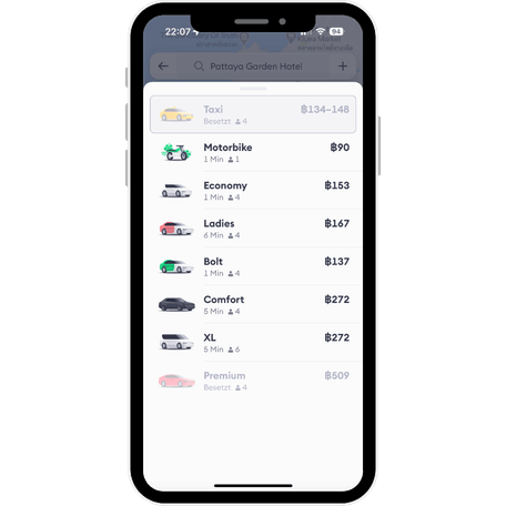Bolt Preise und Fahrzeugklassen in Pattaya Bolt App mit Motorbike, Economy, Ladies, Bolt, Comfort, XL und den jeweiligen Fahrpreisen in Baht