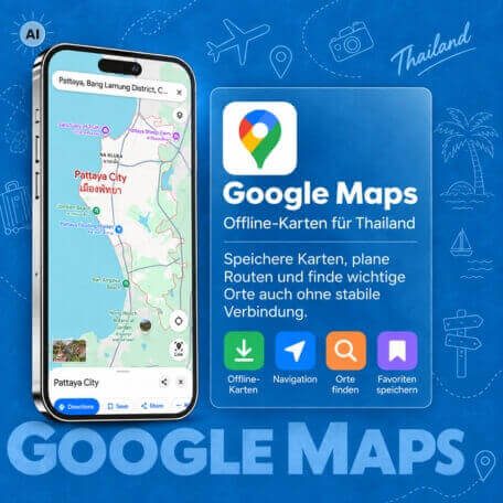 Google Maps auf dem Smartphone Grafik mit Smartphone und Google Maps Karte von Pattaya sowie Bereichen für Offline Karten, Navigation, Orte und Favoriten
