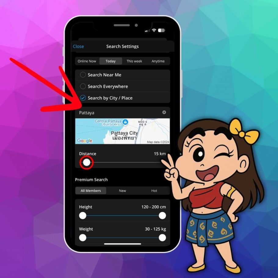Suchfilter in der ThaiFriendly App mit Standortauswahl Pattaya und gezeichneter Figur die nach oben zeigt