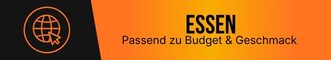 Essen in Pattaya passend zu Budget und Geschmack auf einem grafischen Banner mit orange schwarzem Hintergrund und Globus Symbol