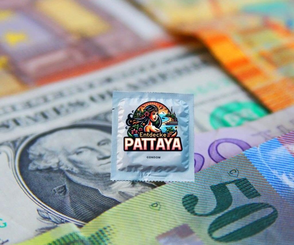 Kondom-Packung mit 'Entdecke Pattaya'-Design vor einem Hintergrund aus internationalen Geldscheinen.