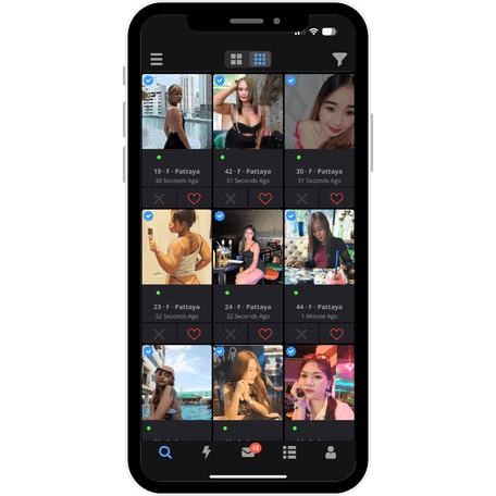 ThaiFriendly App auf einem Smartphone mit Profilübersicht aus Pattaya und Suchfiltern in der Navigation
