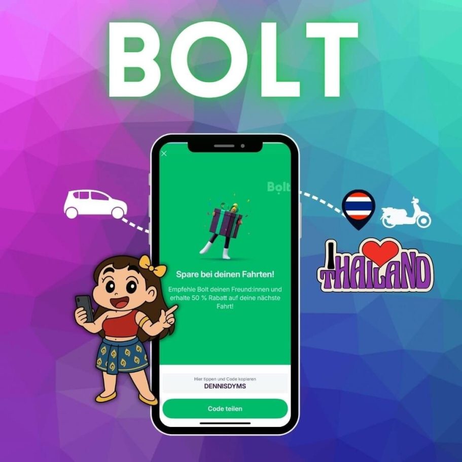 Bolt App für Pattaya mit 50% Rabatt-Code DENNISDYMS. Smartphone zeigt die App mit thailändischem Maskottchen und Transportoptionen.
