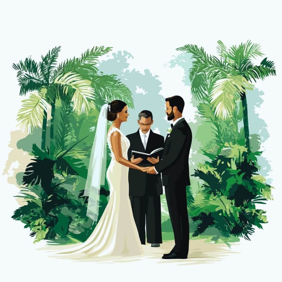 Illustration einer Hochzeit in Pattaya, Thailand – Trauung im Tropenparadies Illustration einer Hochzeitszeremonie in Pattaya, Thailand, mit einem Brautpaar in tropischer Umgebung und einem Standesbeamten.
