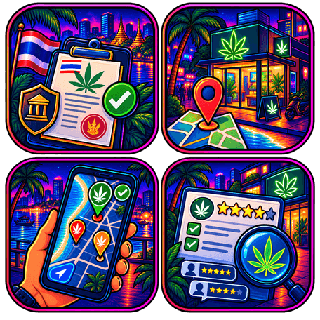Grafische Illustration mit Cannabis-Lizenz, Cannabis-Shop, Standortkarte und Bewertungen in Thailand