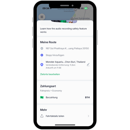 Bolt Fahrt mit Route und Barzahlung in der App Bolt App mit Route, Ziel, Fahrpreis und ausgewählter Barzahlung für eine Fahrt in Pattaya