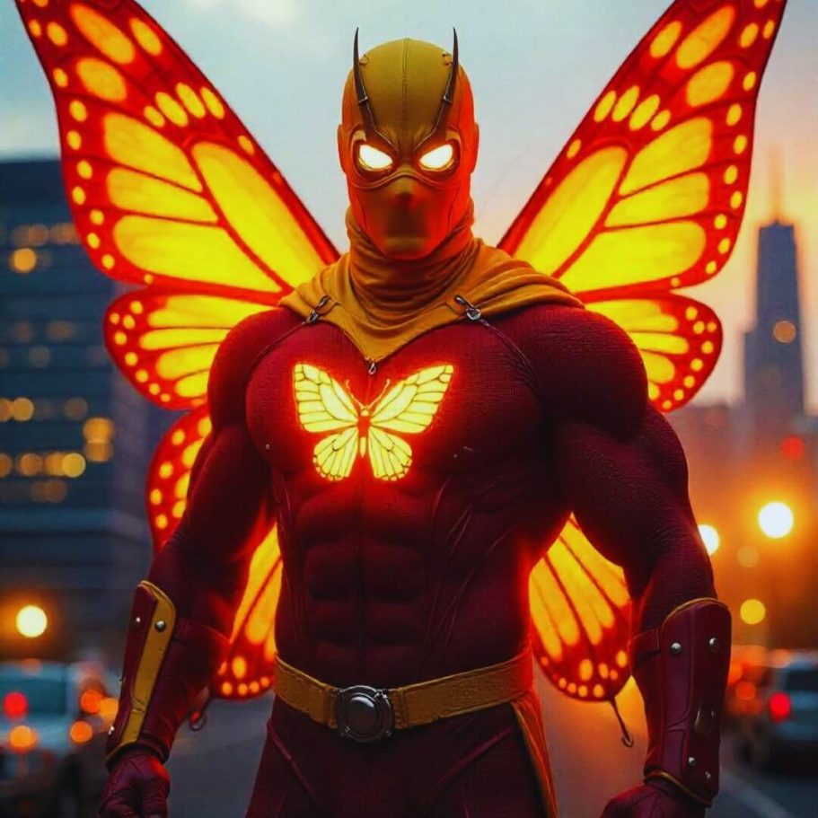 Der legendäre Held Butterfly Man mit leuchtenden Schmetterlingsflügeln, dargestellt vor einer urbanen Skyline bei Sonnenuntergang.