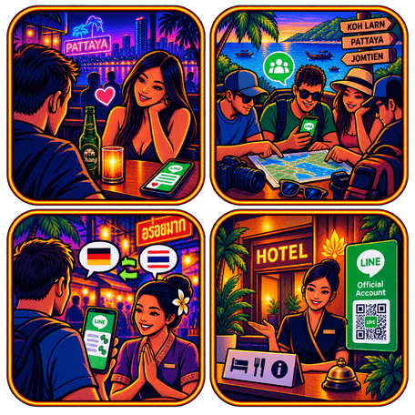 Grafische Illustration mit Dating-Kontakt, Reisegruppe, Übersetzung zwischen Sprachen und LINE Official Account im Hotel