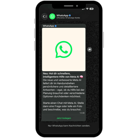 WhatsApp mit Meta AI-Hinweis WhatsApp auf einem Smartphone mit Hinweis auf Meta AI