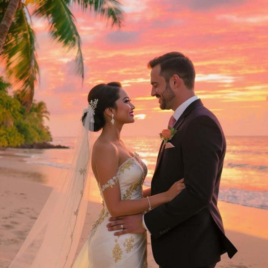 KI-visualisierte Traumhochzeit im goldenen Licht Thailands KI-generiertes Brautpaar am thailändischen Strand im Sonnenuntergang, weißes Kleid mit goldenen Akzenten, romantische Atmosphäre im goldenen