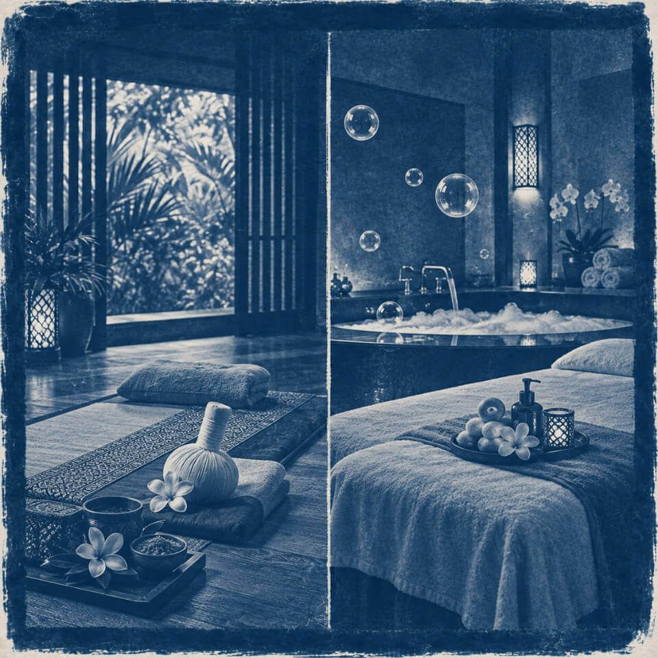 Cyanotype mit Spa-Raum, Massageliege und Badewanne mit Seifenblasen