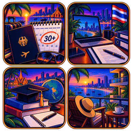 Gründe für ein Visum in Thailand Grafische Illustration mit Reisepass und 30+ Kalender, Laptop Arbeitsplatz, Studium mit Büchern und Doktorhut sowie Balkon mit Meerblick
