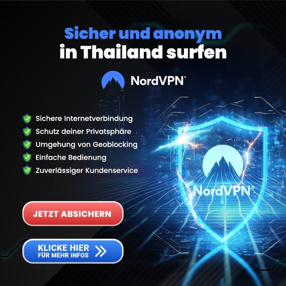 NordVPN-Logo mit einem leuchtenden Schild-Symbol auf futuristischem Hintergrund – für sicheren und anonymen Internetzugang in Thailand.