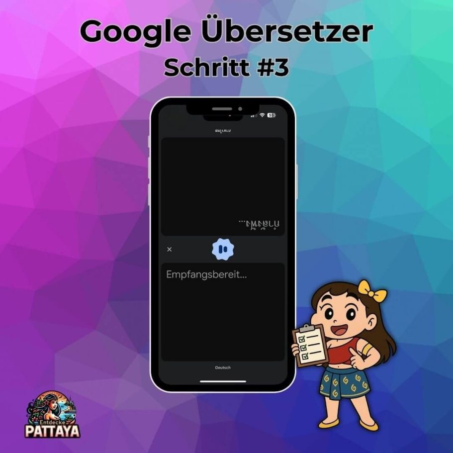 Google Übersetzer farbig gestaltete Anleitung mit Smartphone-Screen, Cartoon-Figur und App-Oberfläche zur Sprachübersetzung im Gesprächsmodu