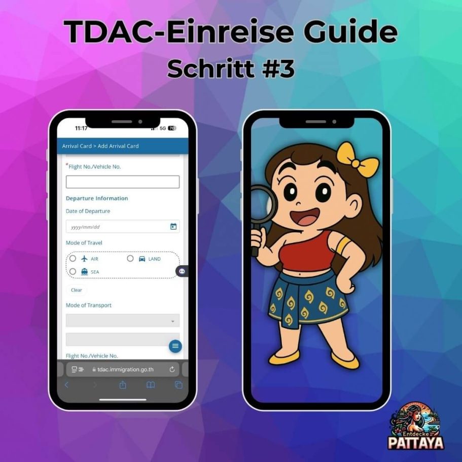 TDAC Thailand Digital Arrival Card Schritt 3 - Transportmittel und Flugdetails eingeben mit Pattaya-Maskottchen