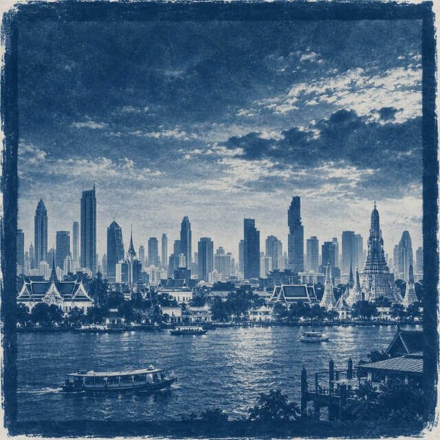 Bangkok als Startpunkt Cyanotype mit Skyline von Bangkok am Fluss