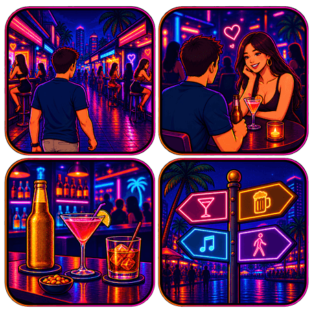 Pattaya Soi 6 – Bar, Kennenlernen, Lady Drink und Weiterziehen Grafische Illustration mit Barstraße in der Soi 6, Gespräch mit einer Frau, Getränken und Wegweiser