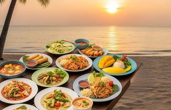 Eine Auswahl an authentischen thailändischen Gerichten, darunter Currys, frische Frühlingsrollen, Reisgerichte und aromatische Zutaten.