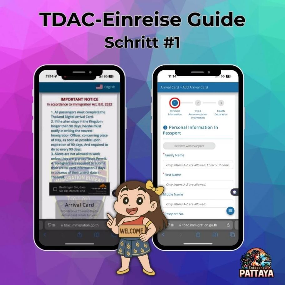 TDAC Thailand Digital Arrival Card Schritt 1 - Mobile App mit Eingabefeldern für persönliche Daten und Pattaya-Maskottchen
