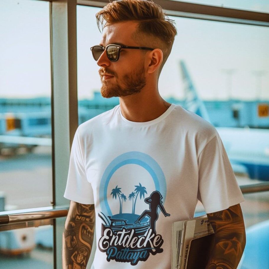 Ein Mann trägt ein Entdecke Pattaya T-Shirt und wartet am Flughafen – perfekt für Pattaya-Fans und Thailand-Reisende.
