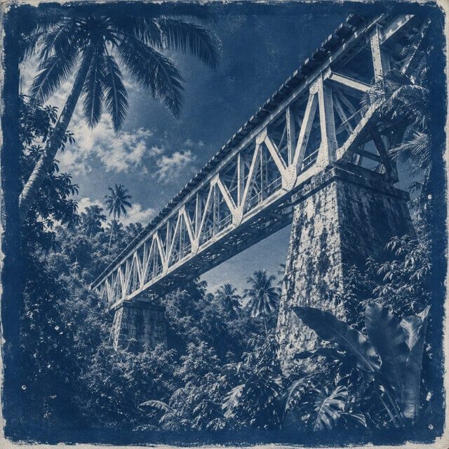 Zugverbindung nach Pattay Cyanotype einer tropischen Eisenbahnbrücke mit Palmen