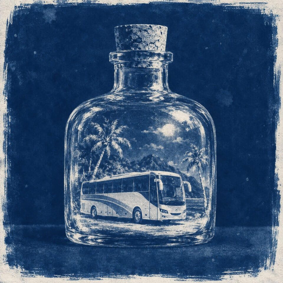 Busverbindung nach Pattaya Cyanotype mit Reisebus in einer Glasflasche vor tropischer Kulisse